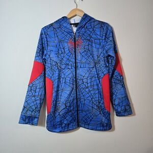 Marvel x Spyder Spider-Man Hoodie Boys XL Men’s S Blue Web Print Fleece‎ Jacket